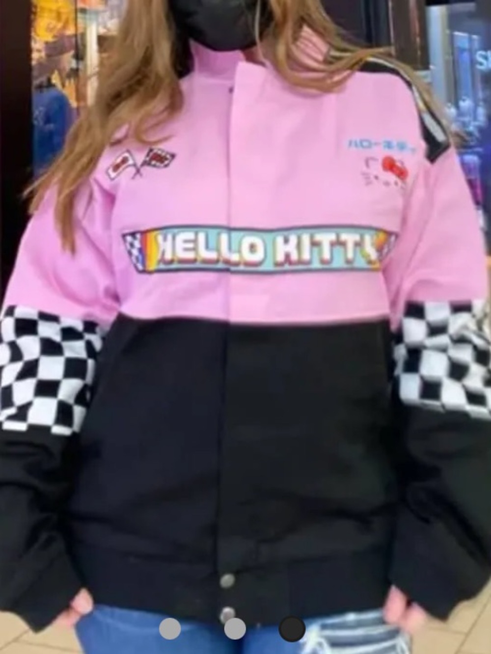 Hello Kitty Pink & Black Checkerboard Racing Puffer Jacket